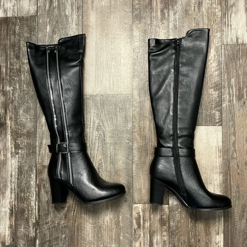 New York & Company Black Over-the-Knee Block Heel Boots with Dual Zippers Size 8